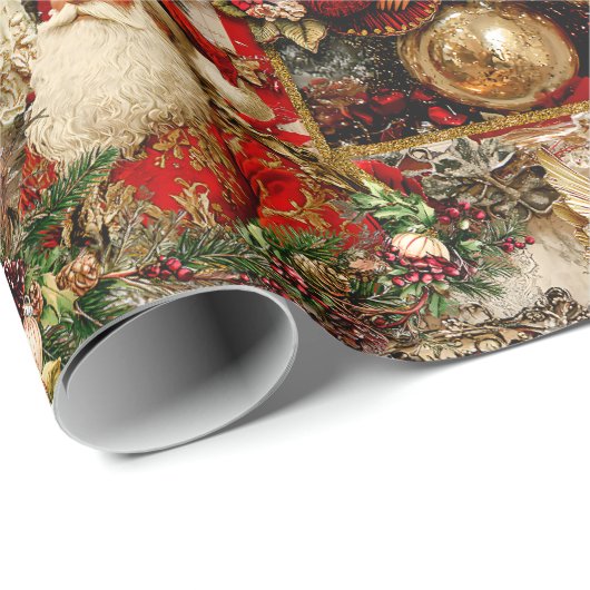 エレガントアイボリーと赤のクビクトリアンリスマスコラージュ ラッピングペーパー (ロールコーナー)