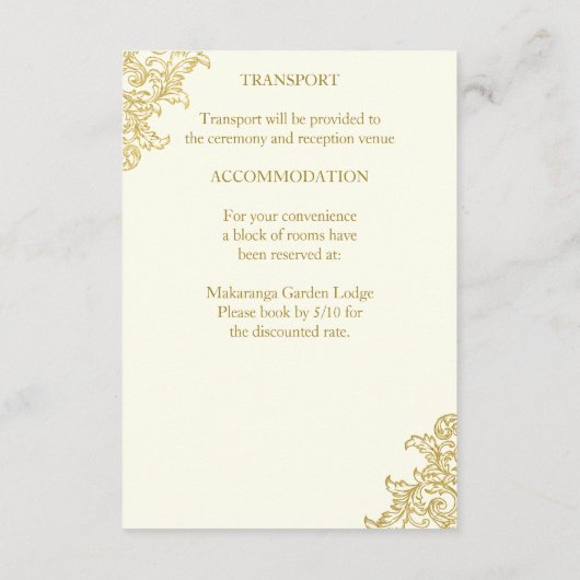 エレガントアイボリーと金ゴールドヴィンテージの結婚式詳細 エンクロージャーカード (裏面)