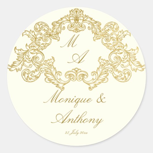 エレガントアイボリーと金ゴールドヴィンテージ結婚式テンプレート ラウンドシール (正面)