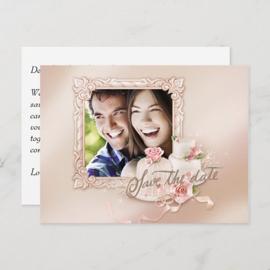 エレガントアイボリーと金ゴールド写真の保存日付 案内ポストカード (正面/裏面)