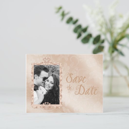 エレガントアイボリーと金ゴールド写真の保存日付 案内ポストカード (スタンド正面)