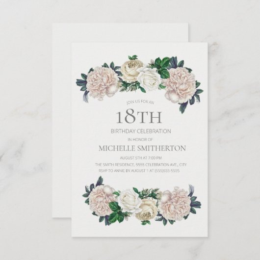 エレガントアイボリークリームフローラ18誕生日 招待状 (正面/裏面)