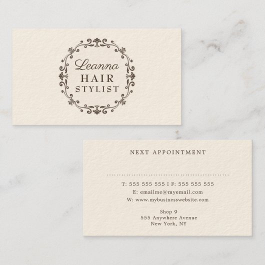 エレガントアイボリークリーム美容師アポイントメントカード 予約カード (正面/裏面)