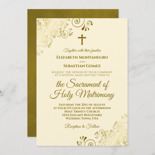 エレガントアイボリークリーム&金ゴールドモダンカソリッ結婚クス 招待状 (正面/裏面)