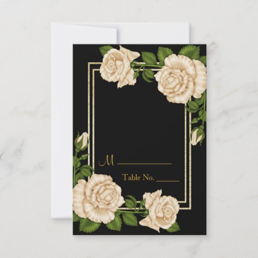 エレガントアイボリーバラと金ゴールドグリッター表の番号 招待状 (正面)