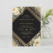 エレガントアイボリーバラブラック金ゴールドフローラ結婚ズ 招待状 (スタンド正面)