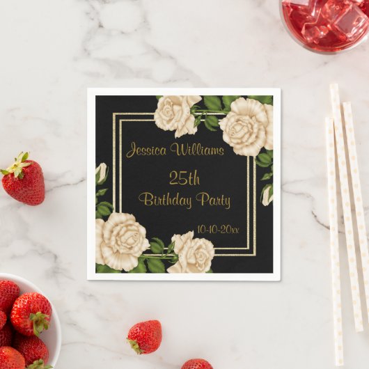 エレガントアイボリーバラ&金ゴールドグリッター25誕生日 スタンダードカクテルナプキン (インサイチュ)