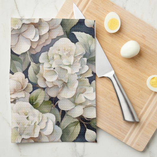 エレガントアイボリーピンク緑のネイビー色フローラ キッチンタオル (四つ折り)