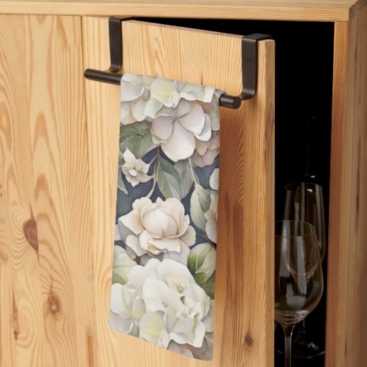 エレガントアイボリーピンク緑のネイビー色フローラ キッチンタオル (三つ折り)