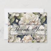 エレガントアイボリーピンク緑のネイビー色フローラ サンキューカード (正面)