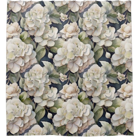 エレガントアイボリーピンク緑のネイビー色フローラ シャワーカーテン (正面)