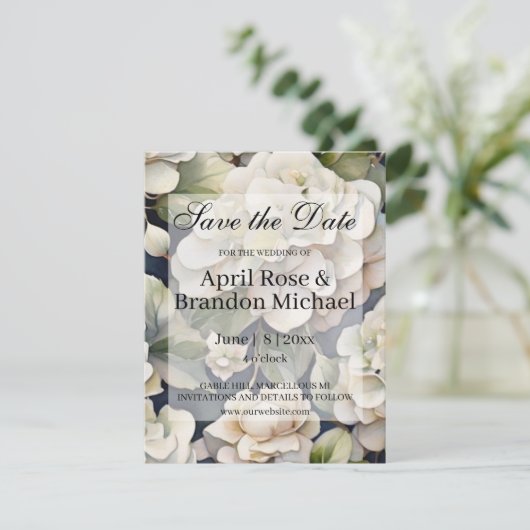 エレガントアイボリーピンク緑のネイビー色フローラ セーブザデート (スタンド正面)