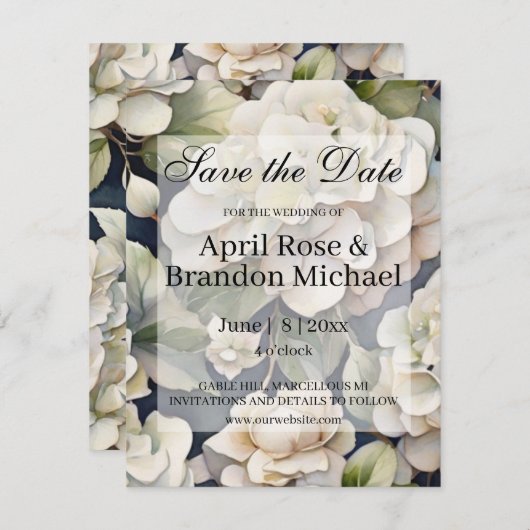 エレガントアイボリーピンク緑のネイビー色フローラ セーブザデート (正面/裏面)