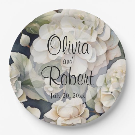 エレガントアイボリーピンク緑のネイビー色フローラ ペーパープレート (正面)