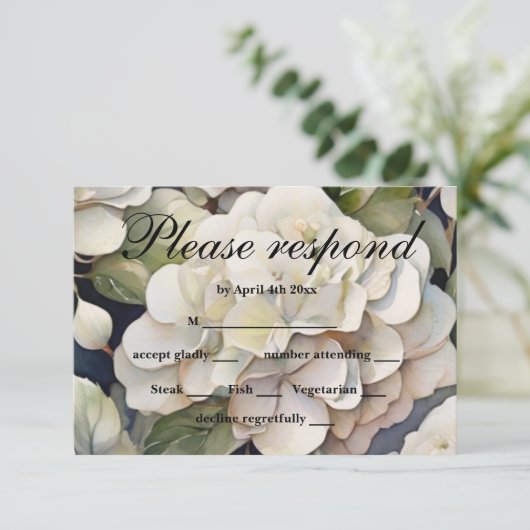 エレガントアイボリーピンク緑のネイビー色フローラ 出欠カード (スタンド正面)