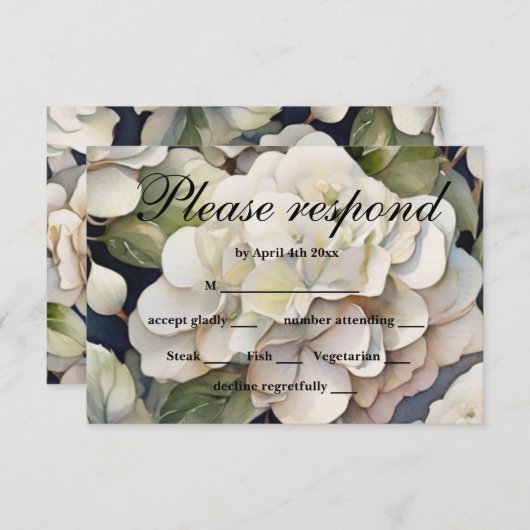 エレガントアイボリーピンク緑のネイビー色フローラ 出欠カード (正面/裏面)