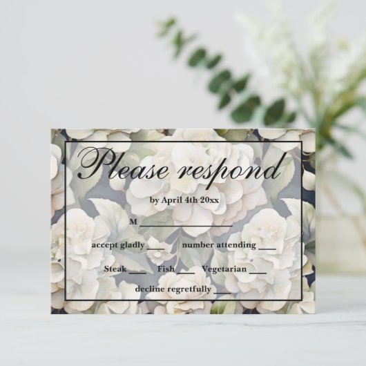 エレガントアイボリーピンク緑のネイビー色フローラ 出欠カード (スタンド正面)