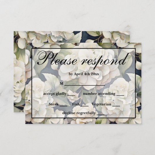 エレガントアイボリーピンク緑のネイビー色フローラ 出欠カード (正面/裏面)