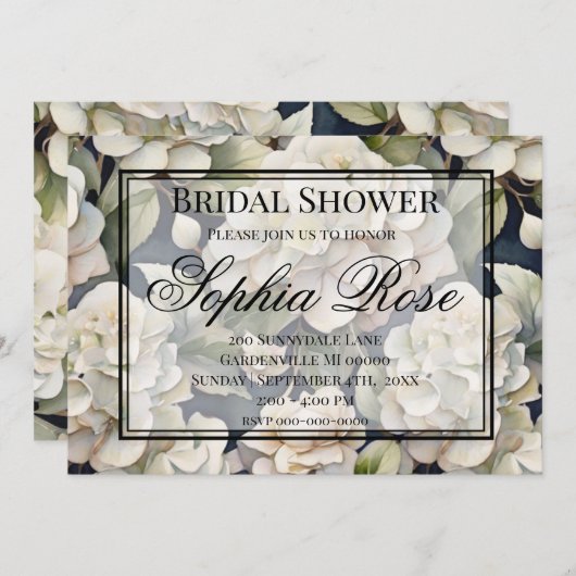 エレガントアイボリーピンク緑のネイビー色フローラ 招待状 (正面/裏面)