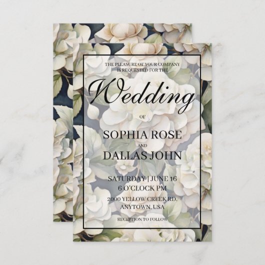 エレガントアイボリーピンク色のネイビーフローラ結婚ズ 招待状 (正面/裏面)