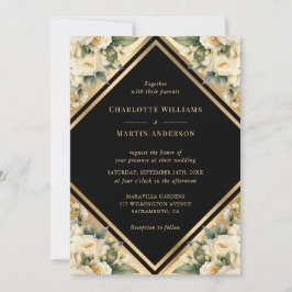 エレガントアイボリーブラック金ゴールド幾何フローラ結婚ズ 招待状