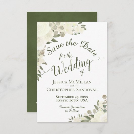 エレガントアイボリーホワイトウォーター色フローラボホ結婚ズ セーブザデート (正面/裏面)