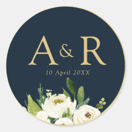 エレガントアイボリーホワイトフローラネイビーのシ結婚ステッカー ラウンドシール