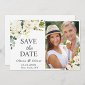 エレガントアイボリーホワイトローゼズグリーンリーPHOTO 結婚. セーブザデート (正面/裏面)