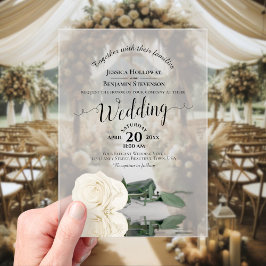 エレガントアイボリーホワレースのようイ結婚ローズ アクリル招待状