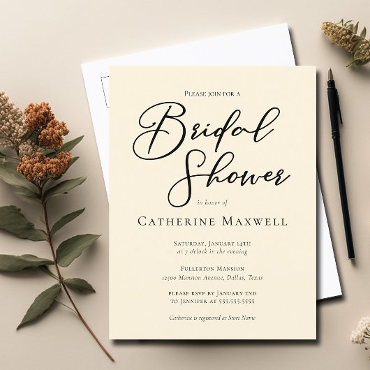 エレガントアイボリーミニマルタイポグラフィブライダルシャワー インビテーションポストカード