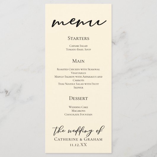 エレガントアイボリーミニマルタイポグラフィ結婚ズディナー メニュー (正面)