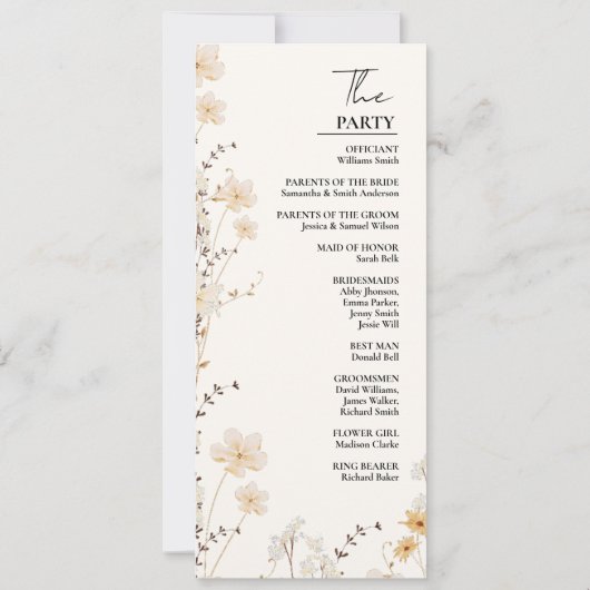 エレガントアイボリーワイルドフラワー結婚式 プログラムカード 招待状 (裏面)