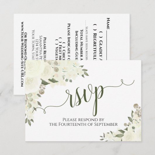 エレガントアイボリー白フローラ書結婚の 出欠カード (正面/裏面)