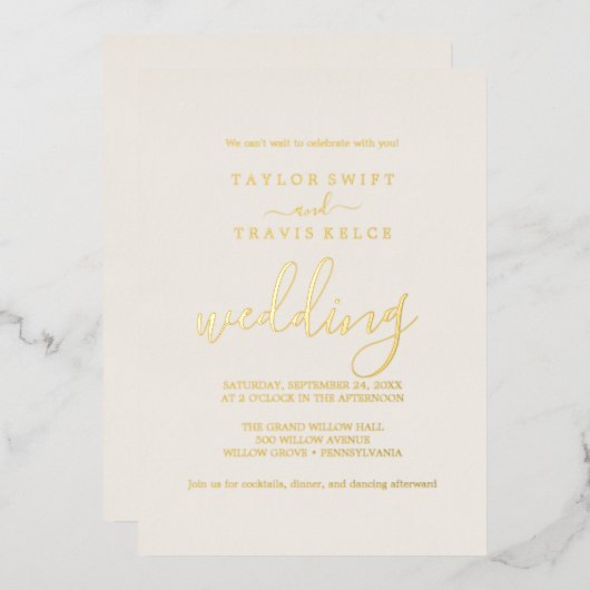 エレガントアイボリー結婚式招待状と金ゴールド 箔招待状 (正面/裏面)