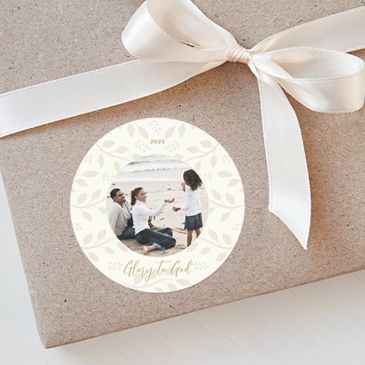 エレガントアイボリー葉の神に栄光クリスマスの写真 ラウンドシール