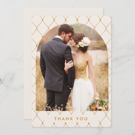 エレガントアイボリー金ゴールドアーチ結婚写真 サンキューカード (正面/裏面)