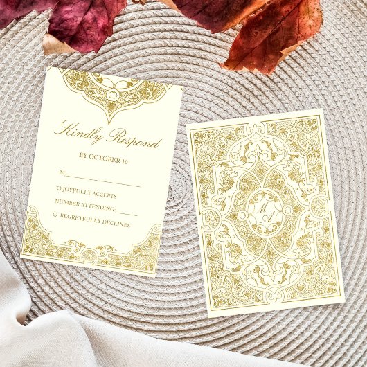 エレガントアイボリー金ゴールドヴィンテージ華美結婚の 出欠カード