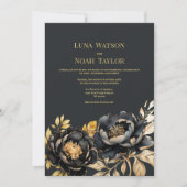 エレガントアイボリー黒金ゴールド牡丹結婚フローラ 招待状 (正面)