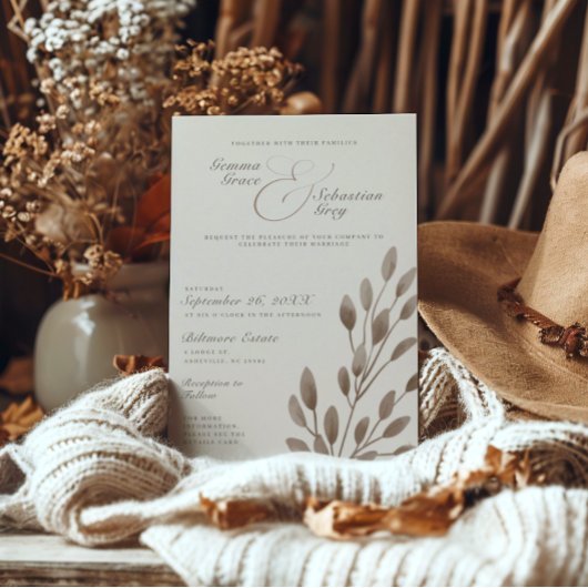エレガントアイボリー&アッシュ秋植物写真結婚ズ 招待状