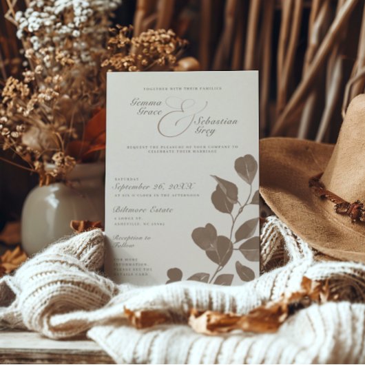 エレガントアイボリー&アッシュ秋植物写真結婚ズ 招待状