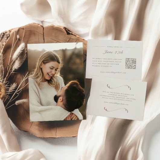 エレガントアイボリー&アッシュ秋植物写真結婚ズ 招待状