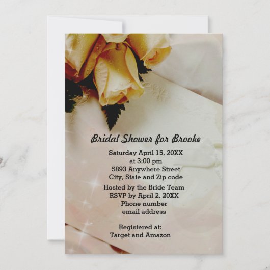 エレガントアイボリー – イエローホワイトローズブライダルシャワー 招待状 (正面)