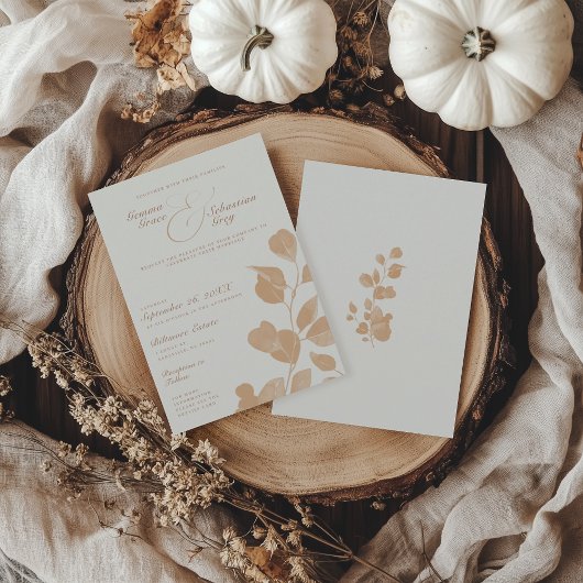 エレガントアイボリー&テラコッタ秋ボタニカル結婚ズ 招待状