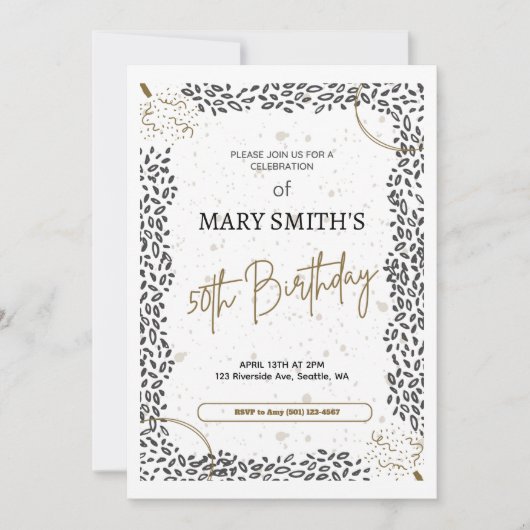 エレガントアニマルプリント金ゴールドブラック50誕生日 招待状 (正面)