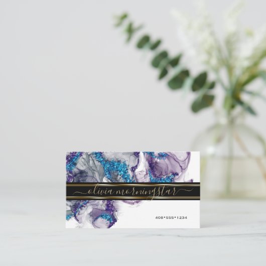 エレガントアメジストサファイアジェムストンアルコールインク 名刺 (スタンド正面)