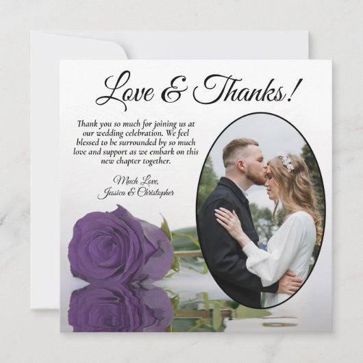 エレガントアメジストパープルバラオーバルフォト結婚ズ サンキューカード (正面)