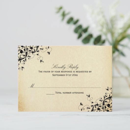 エレガントアンティークスワールウェディングRSVPカード 出欠カード (スタンド正面)