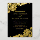 エレガントアンティークレースブラック結婚ズ金ゴールド 箔招待状 (正面)