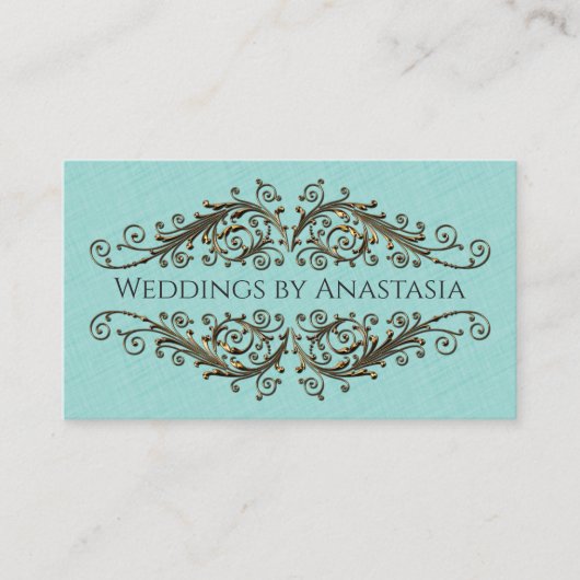 エレガントアンティーク金ゴールド渦巻き青パターン 名刺 (正面)