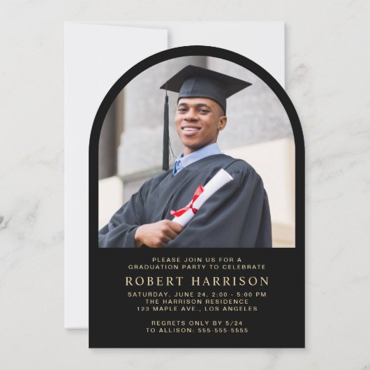 エレガントアーチフォトブラック金ゴールド卒業パーティー 招待状 (裏面)